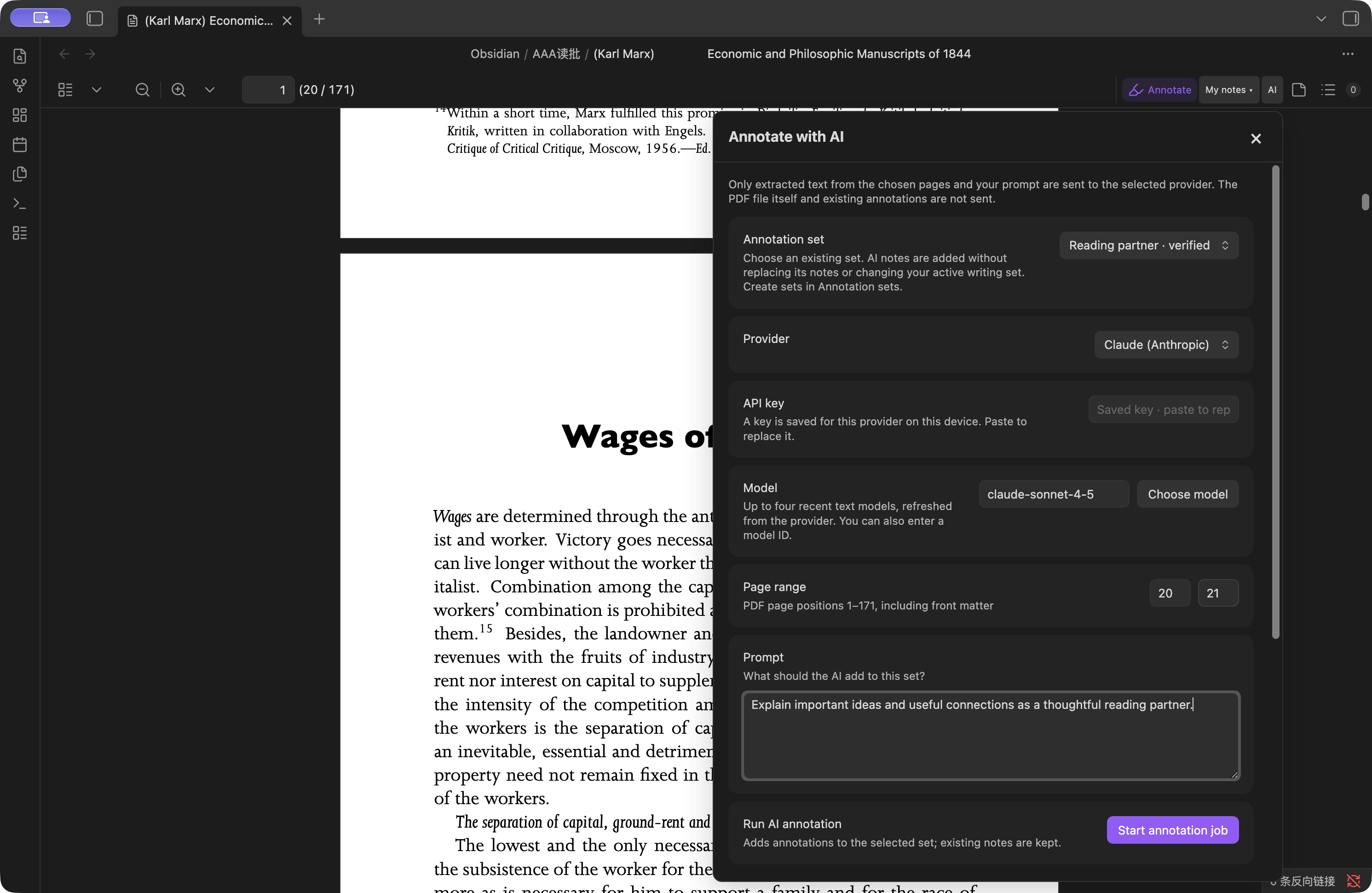 AI annotation dropdown with an existing destination set, provider, hidden API-key field, model, page range, and reading-partner prompt