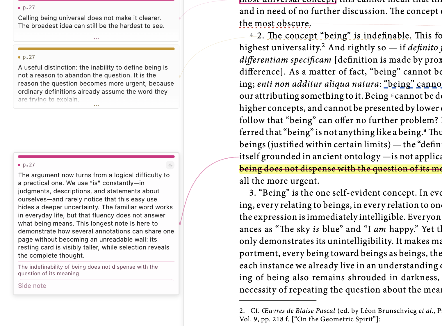 A long selected note opened to its full height beside the PDF