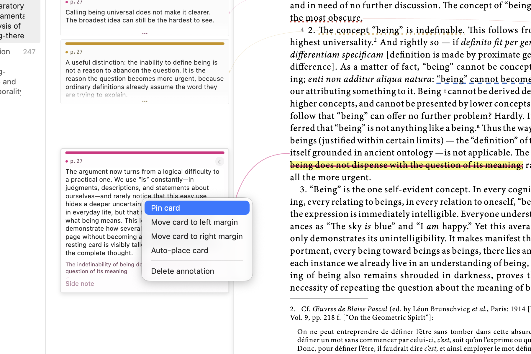 The right-click menu for pinning, moving, or deleting a note