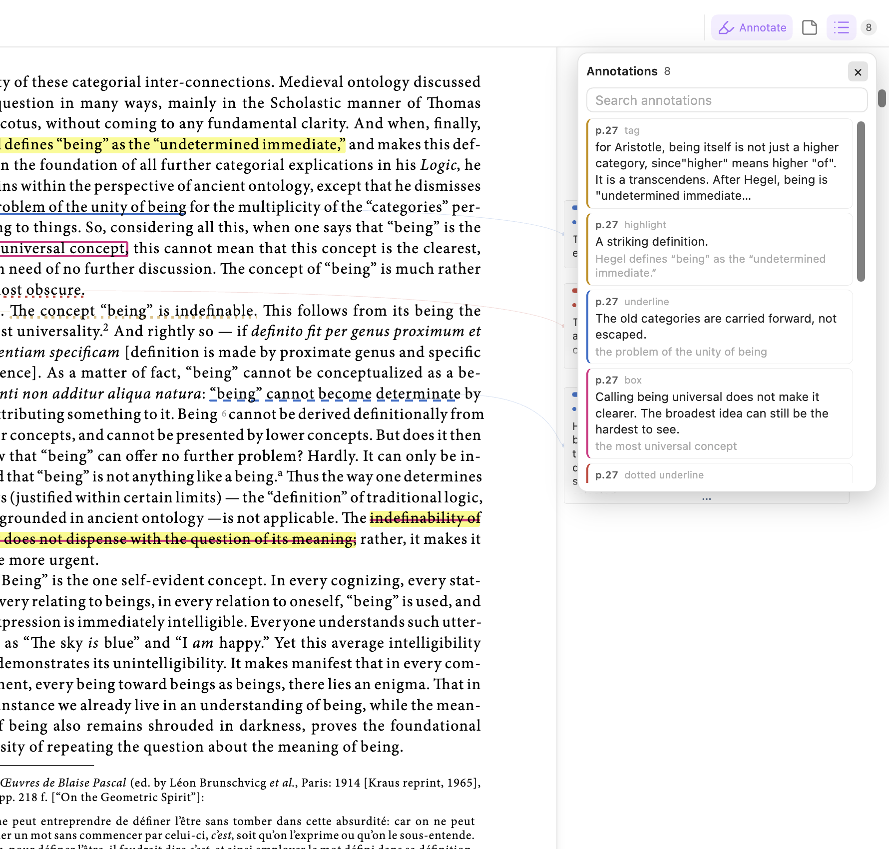 The searchable list of notes beside the PDF