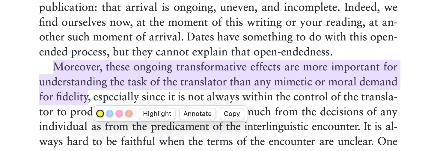 Text selection popup with highlight, annotate, and copy actions