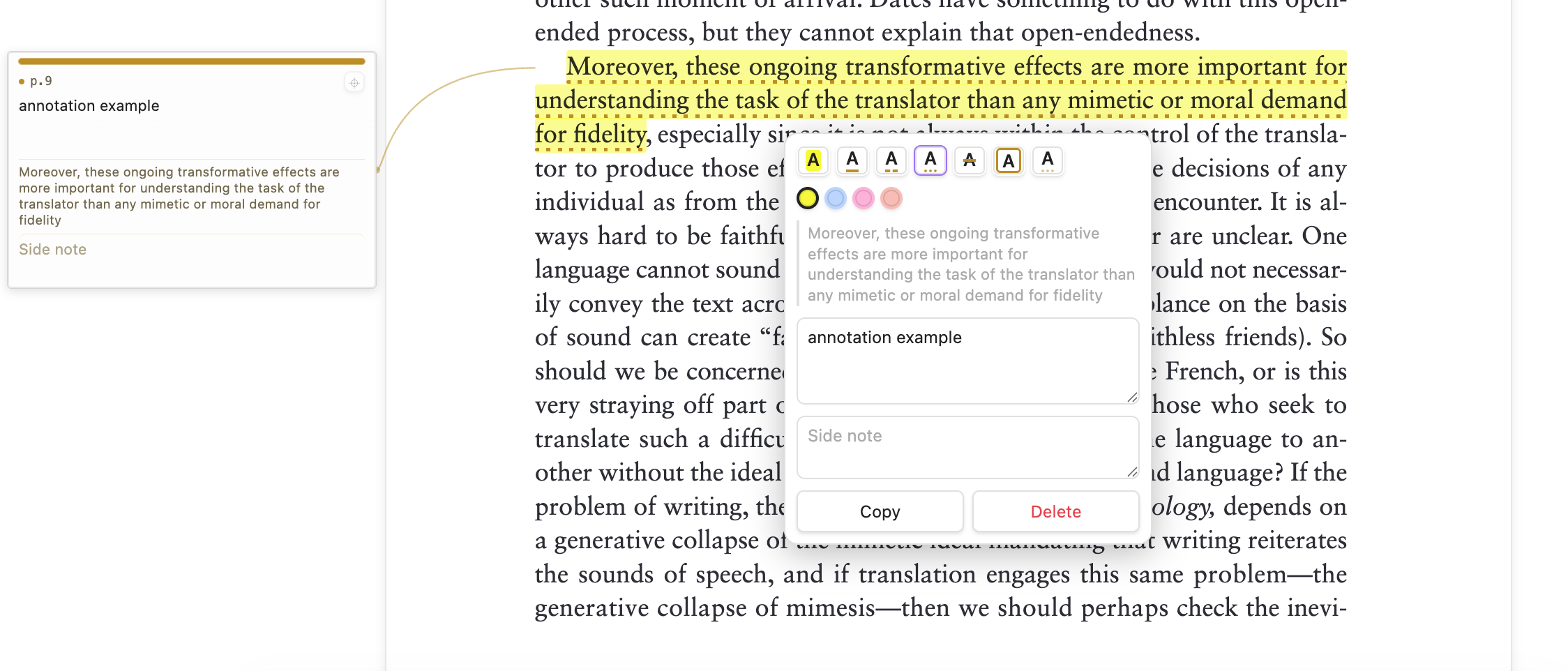 Annotation card in the side rail with the edit popover open