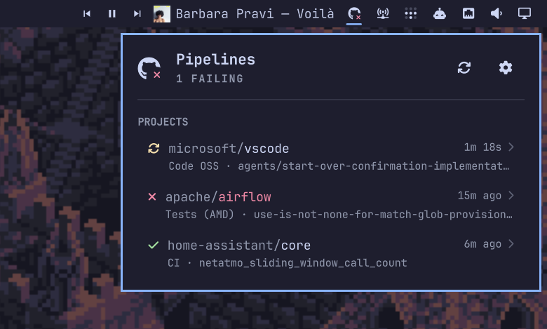 The Pipelines panel open under the Omarchy bar, listing three projects: one running with a live timer, one failing, one passing.