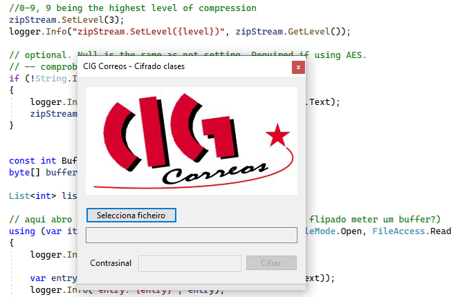 Screenshot de app CIG Correos para cifrar ficheiros
