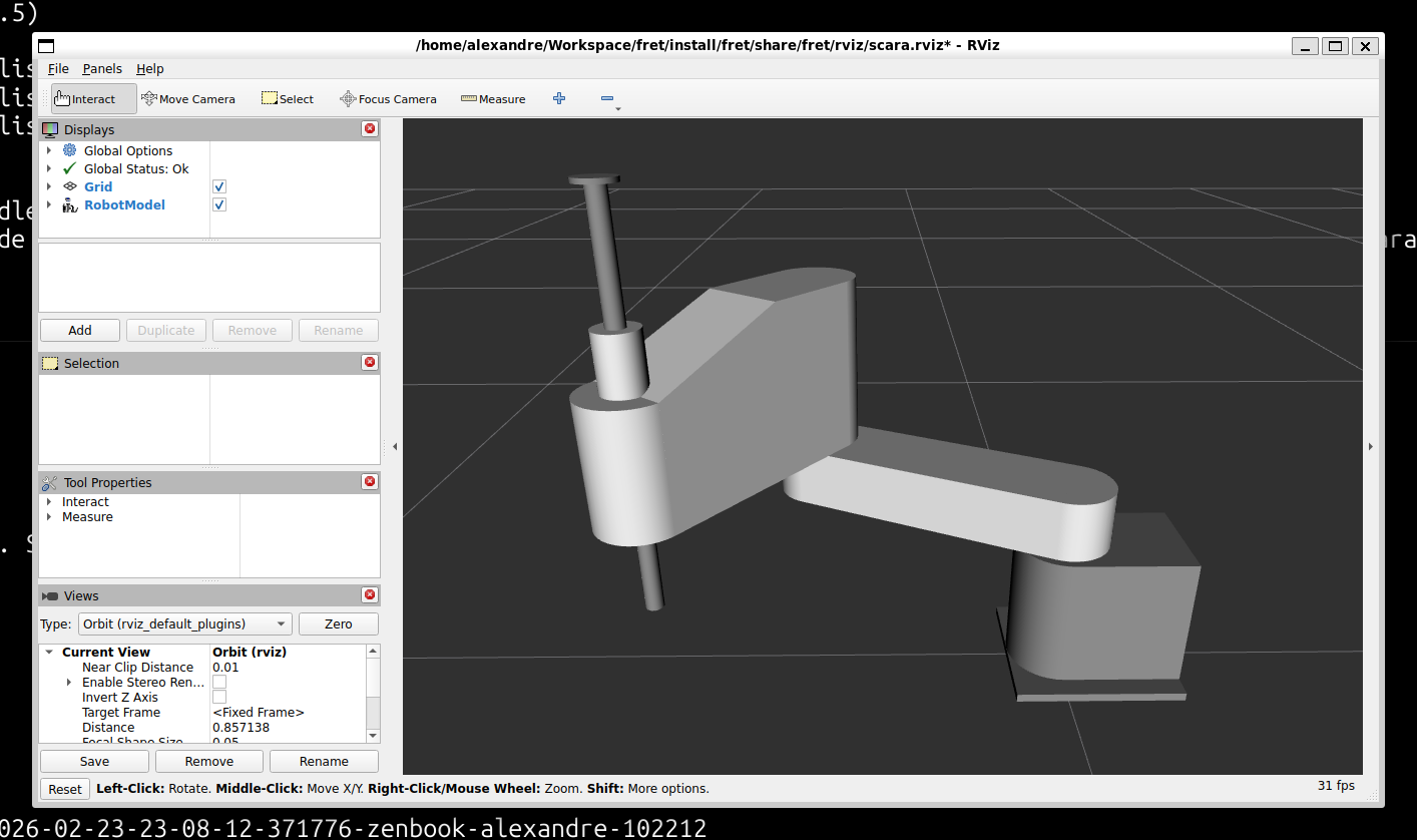SCARA robot model visualized in RViz with joint control interface.