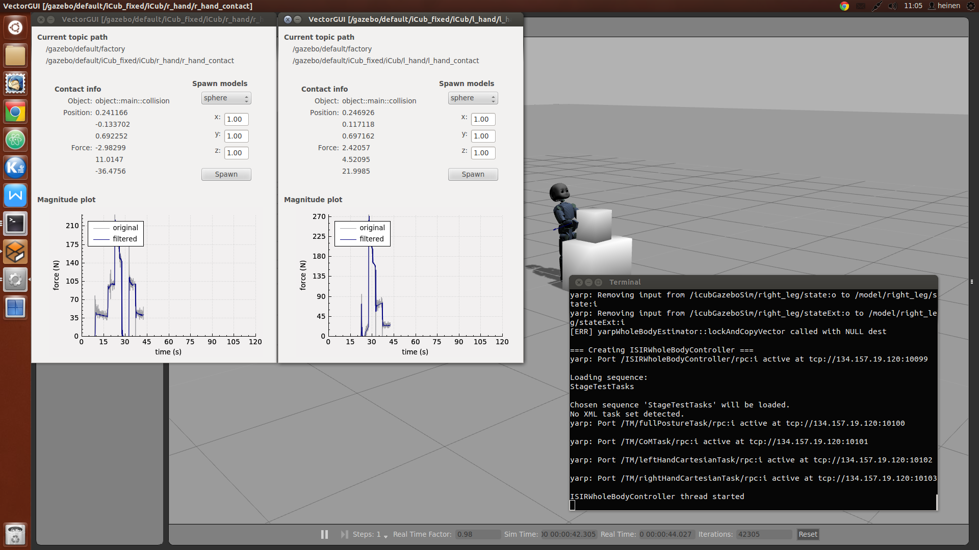 iCub holding a box — contact force vectors rendered in real time inside Gazebo.