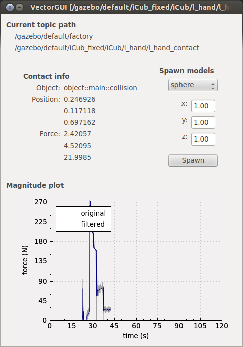 VectorGUI interface displaying real-time contact force data and scene controls.