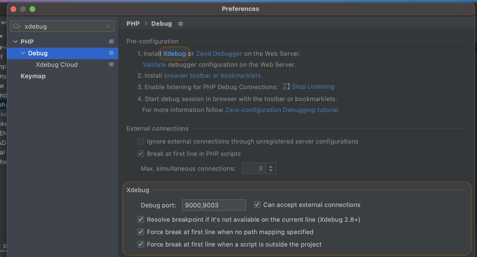 PHPStorm Xdebug port settings