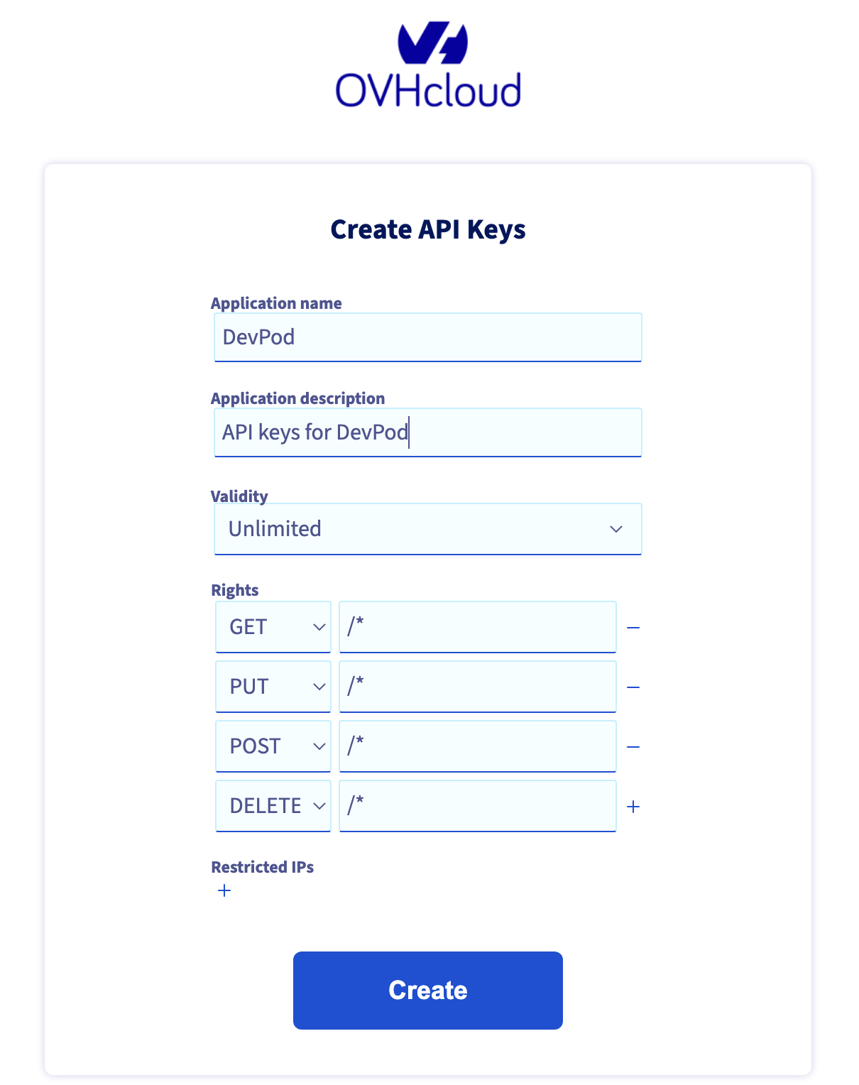Create OVHcloud API keys