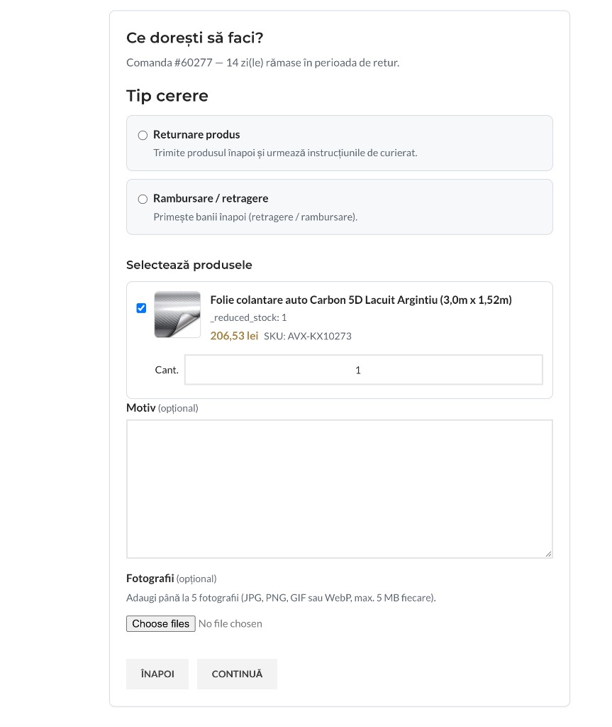 Request details — product selection, reason, and optional photos