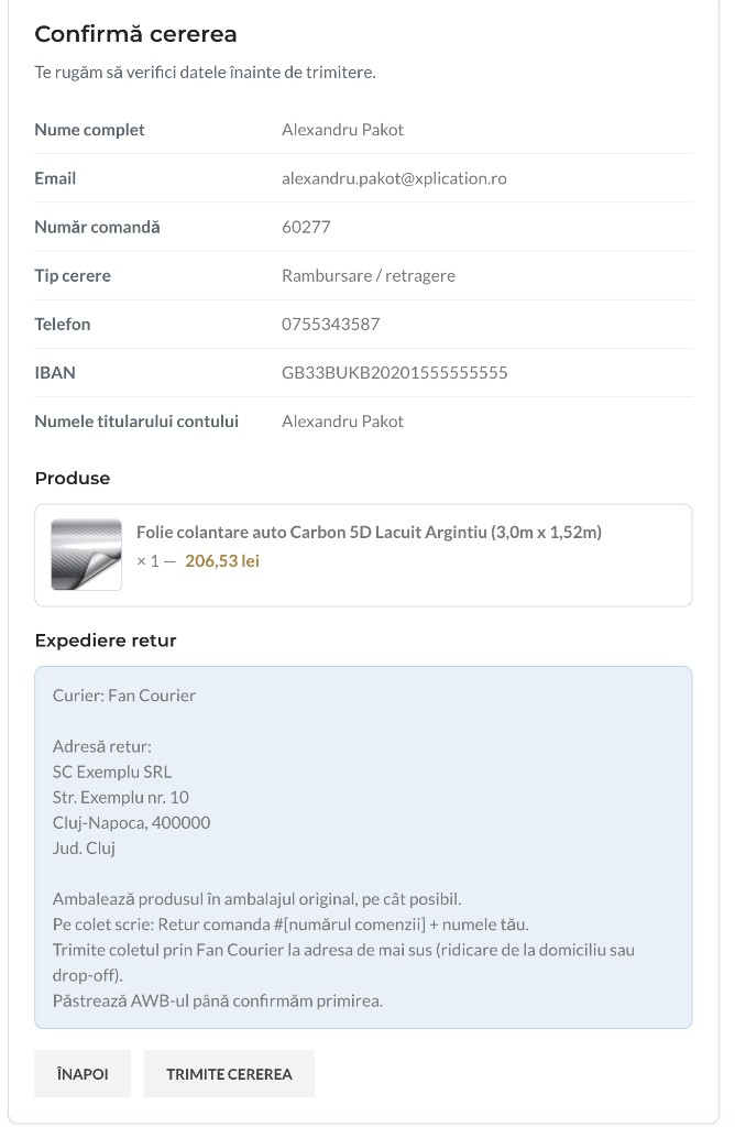Confirm request — IBAN, products, and return shipping instructions
