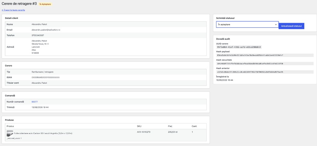 Admin request detail — customer address, IBAN, products, status, and audit proof