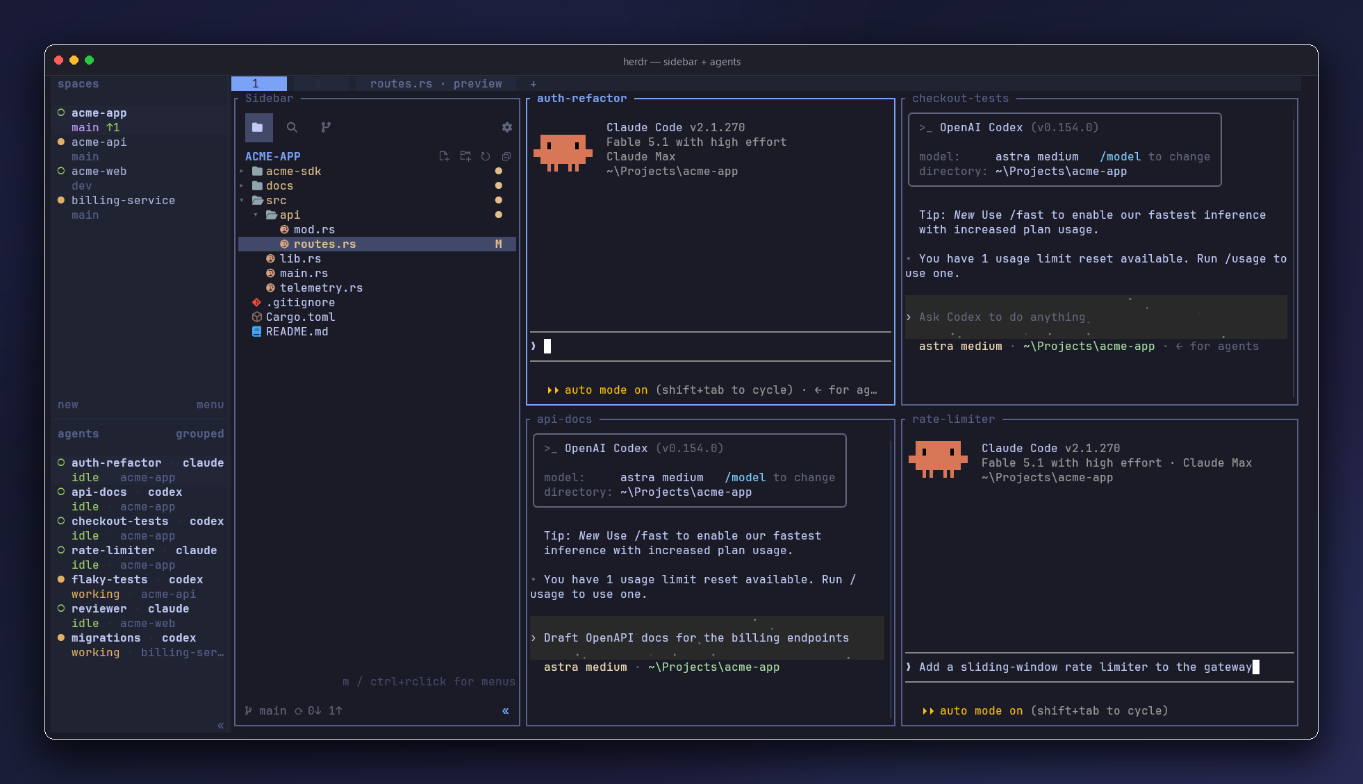 The sidebar docked beside a 2x2 fleet of Claude Code and Codex agents