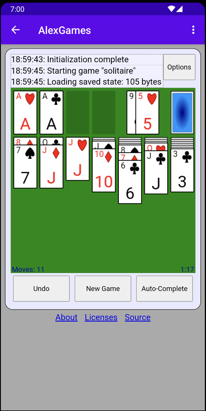 Screenshot of Solitare on the mobile version of AlexGames