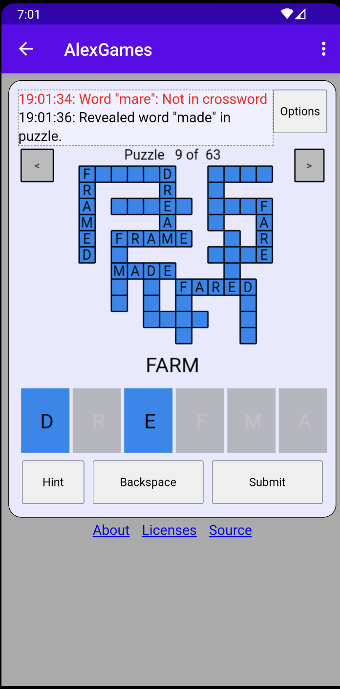 Screenshot of "Crossword Letters" on the mobile version of AlexGames