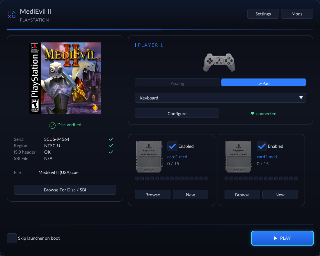 MediEvil II launcher with bundled box art, verified USA disc, controller configuration and memory cards