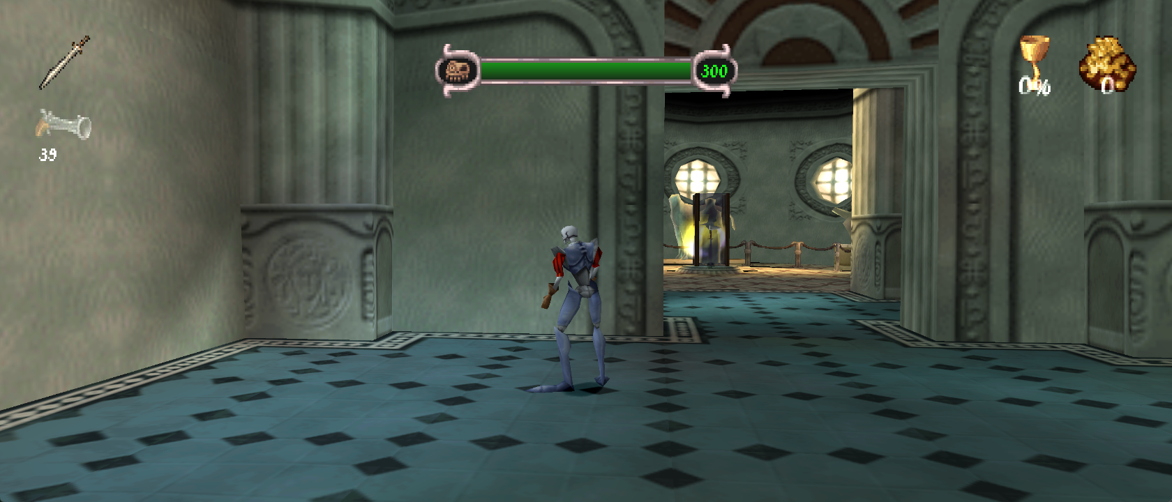Museum gameplay at 21:9 with edge-anchored weapon and counter HUDs and a centered health bar