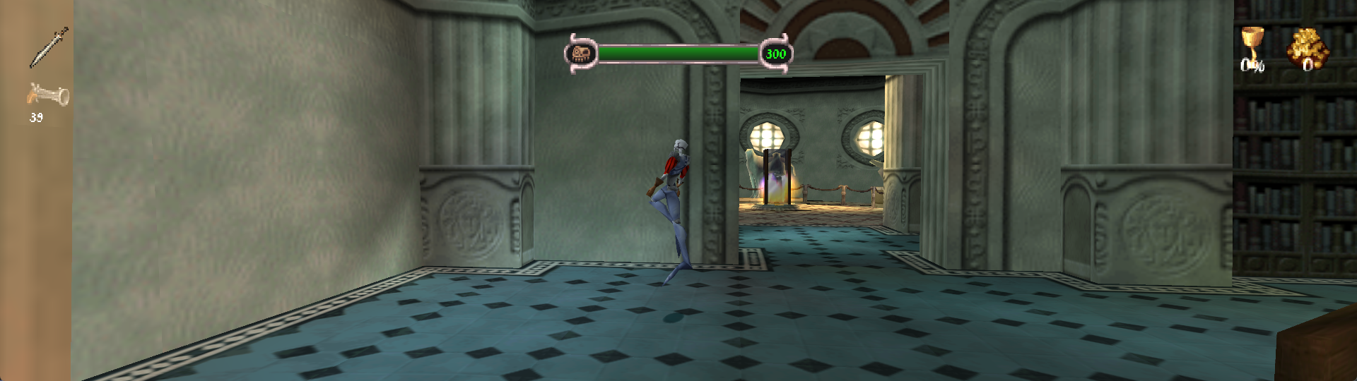 The same Museum checkpoint at 32:9 revealing additional scenery on both sides with the HUD anchored to the wider edges