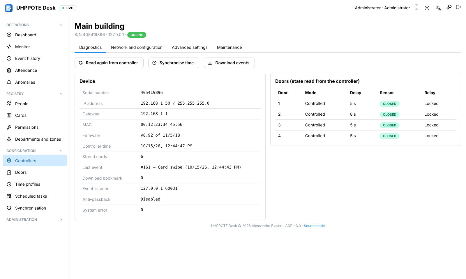 Controller diagnostics: device data, firmware and door states