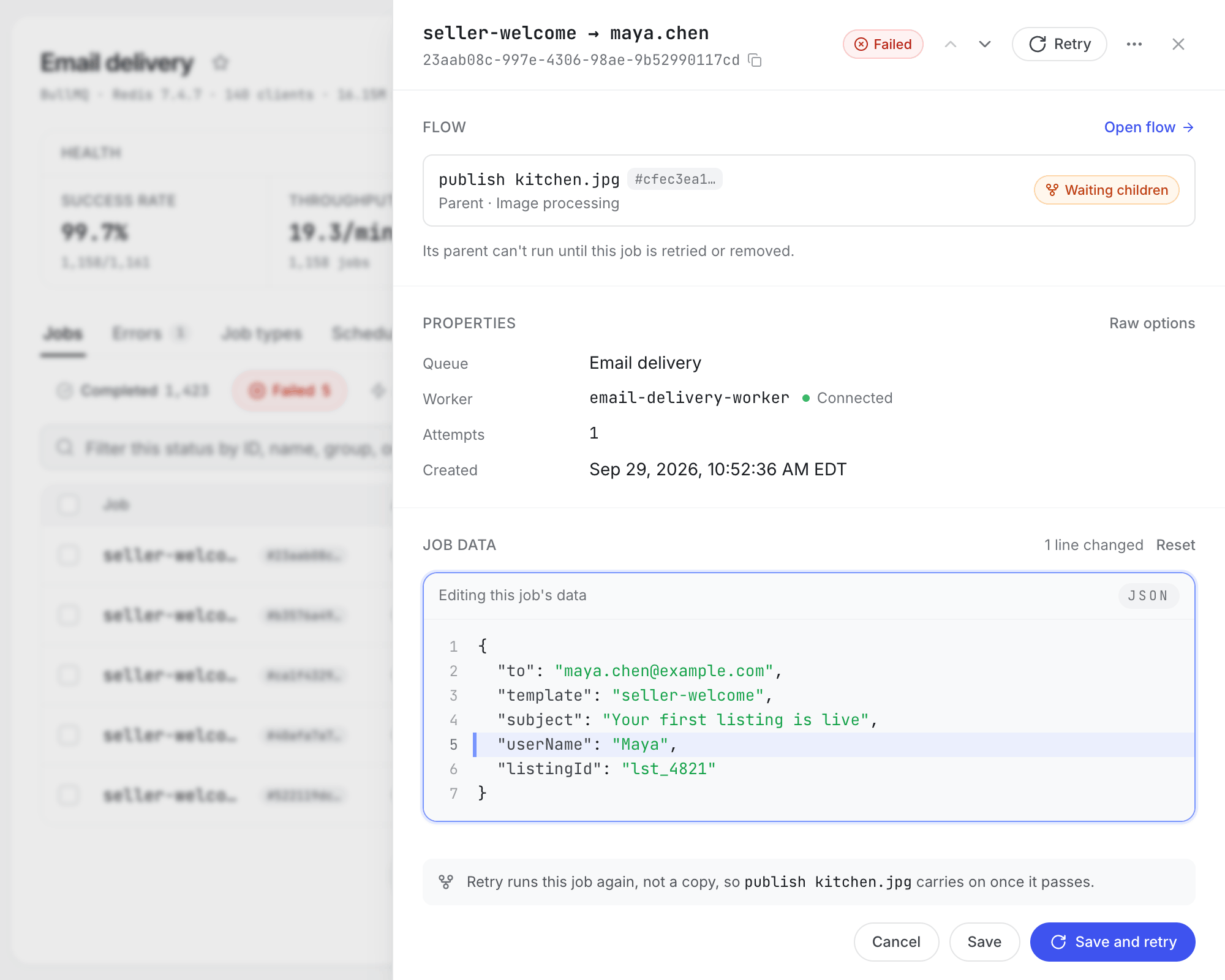A failed email's data being edited, with the added userName line marked and Save and retry, in a flow its parent is waiting on