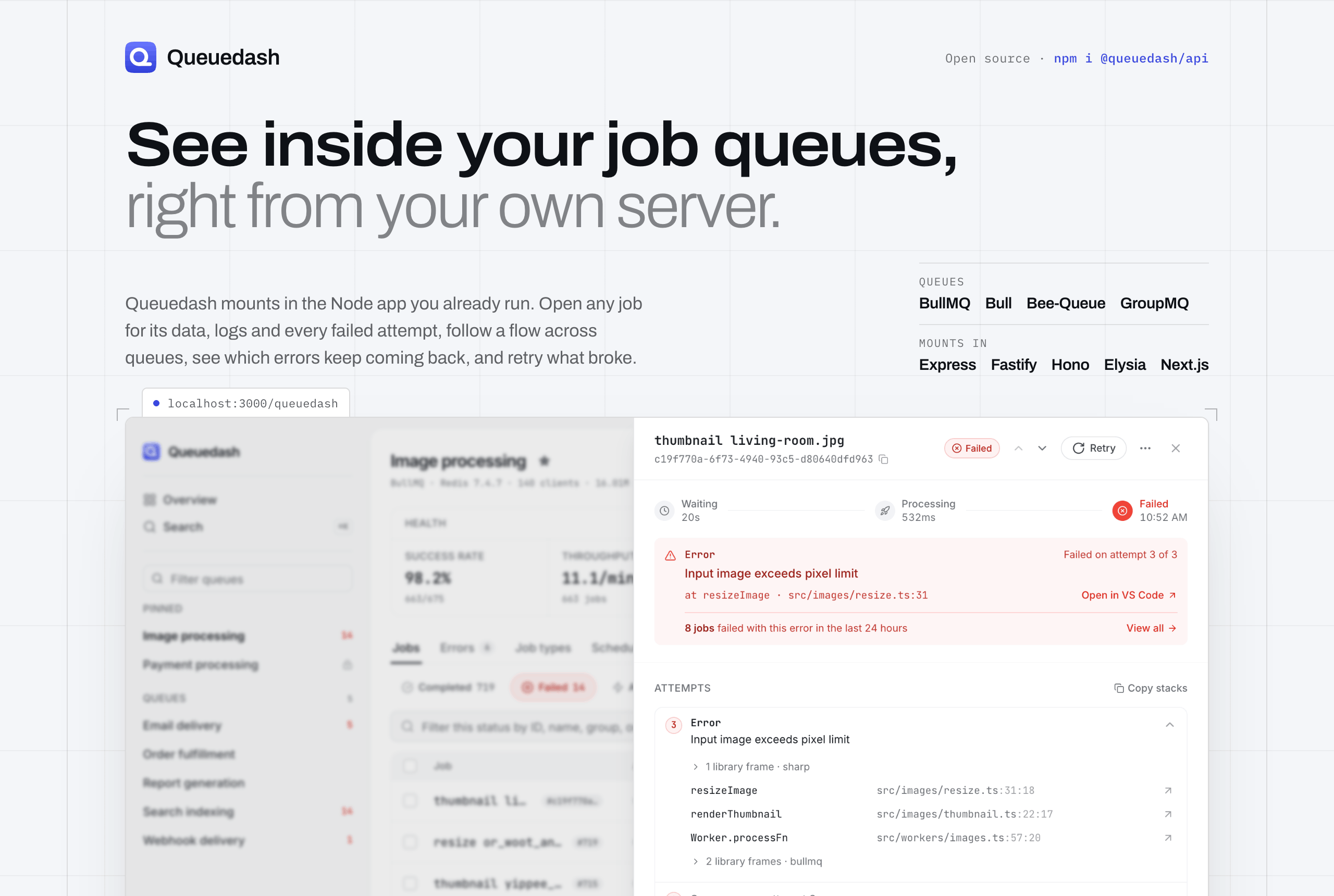 Queuedash: see inside your job queues, right from your own server. A failed image job is open, with its error, the line of code that threw it, and each attempt.