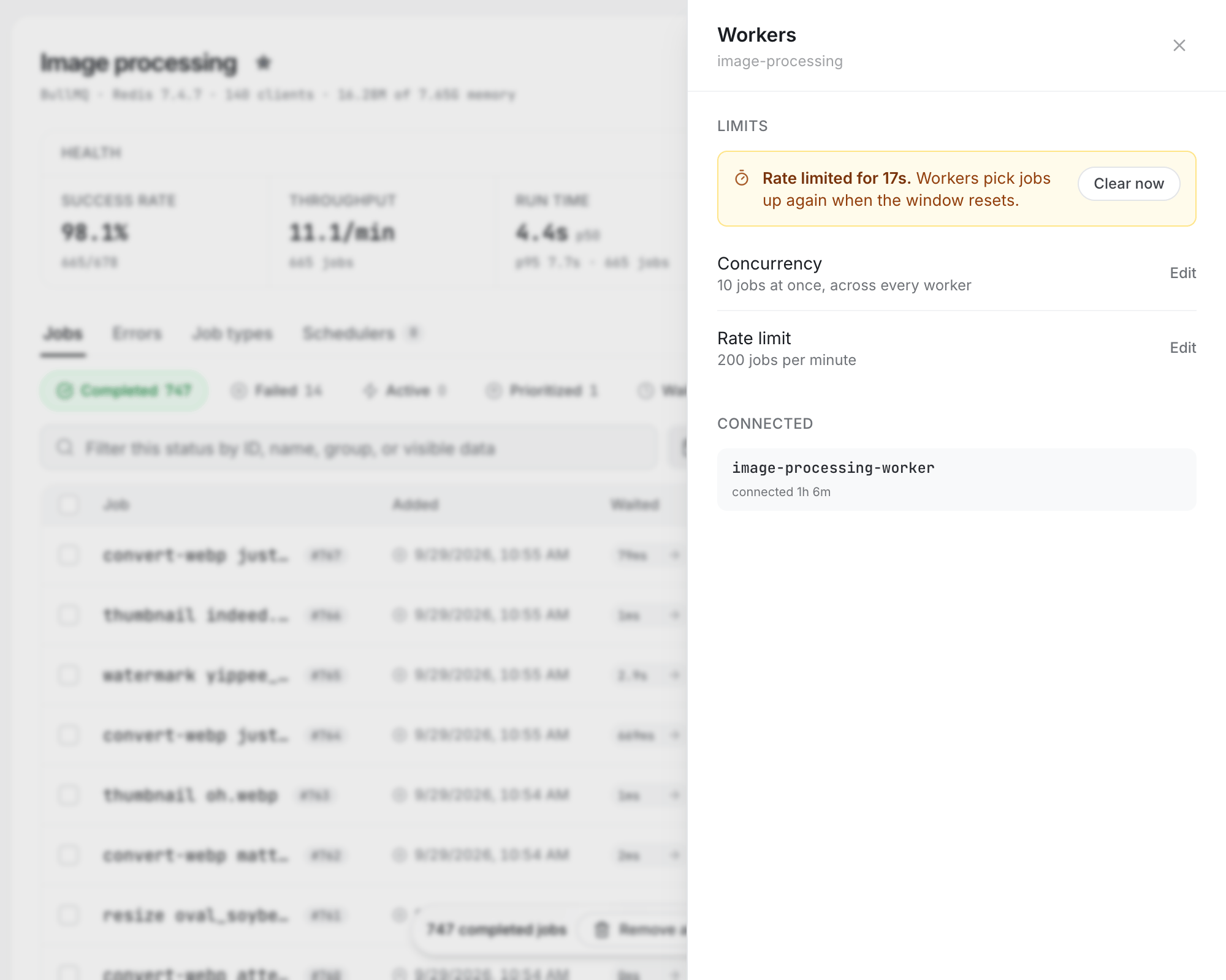 The Workers panel while the queue is rate limited, with its concurrency and rate limit