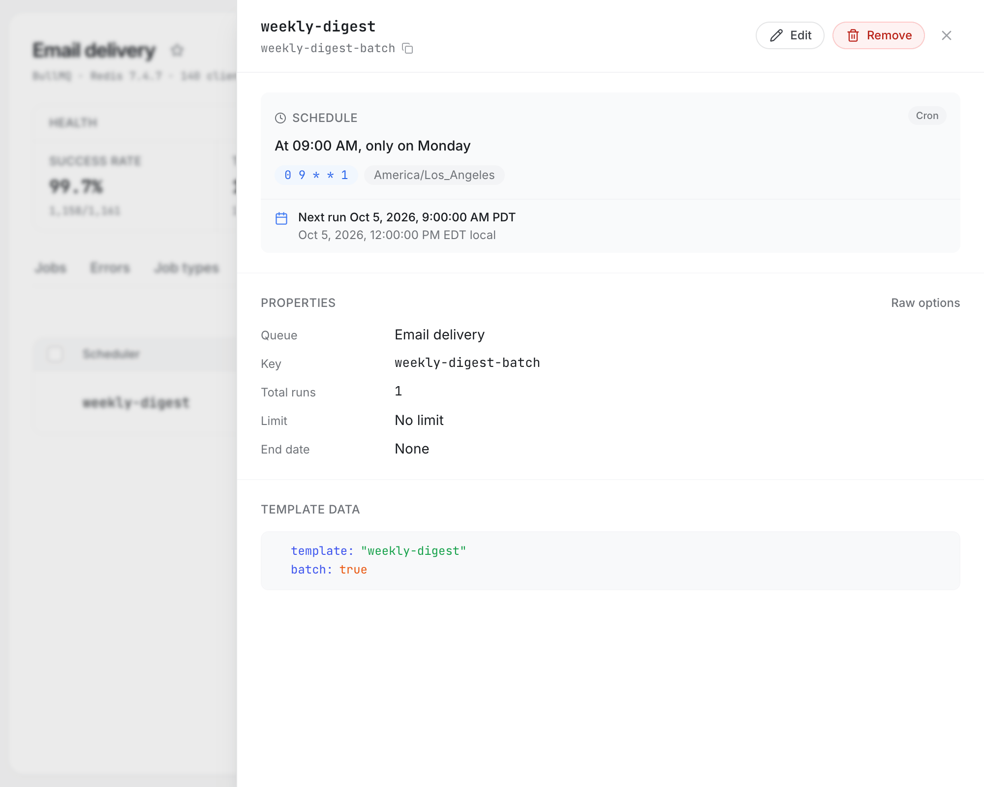 A BullMQ job scheduler open in the side panel