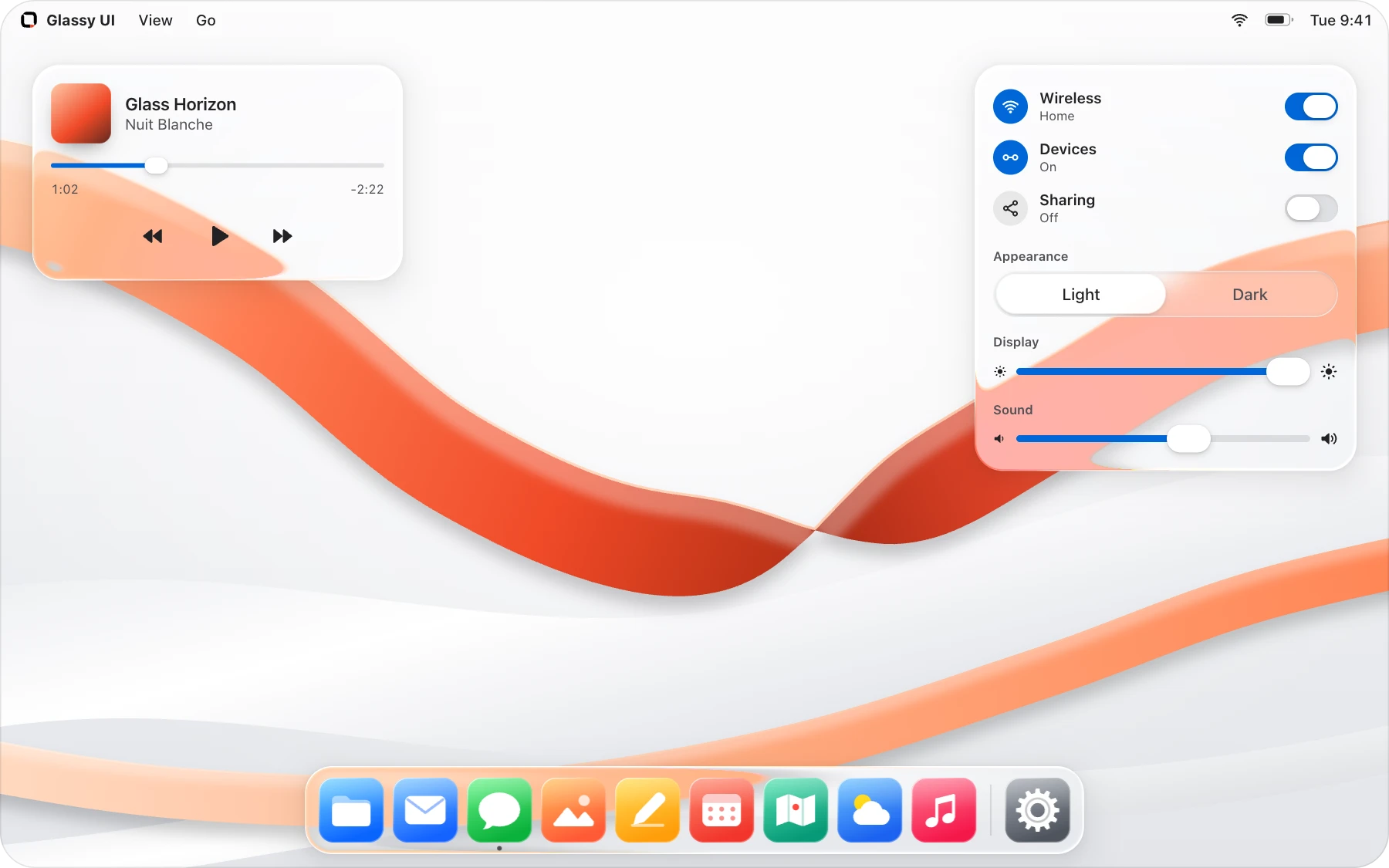 The menus, widgets and dock of a desktop, each built from Glassy UI components, over a ribbon wallpaper