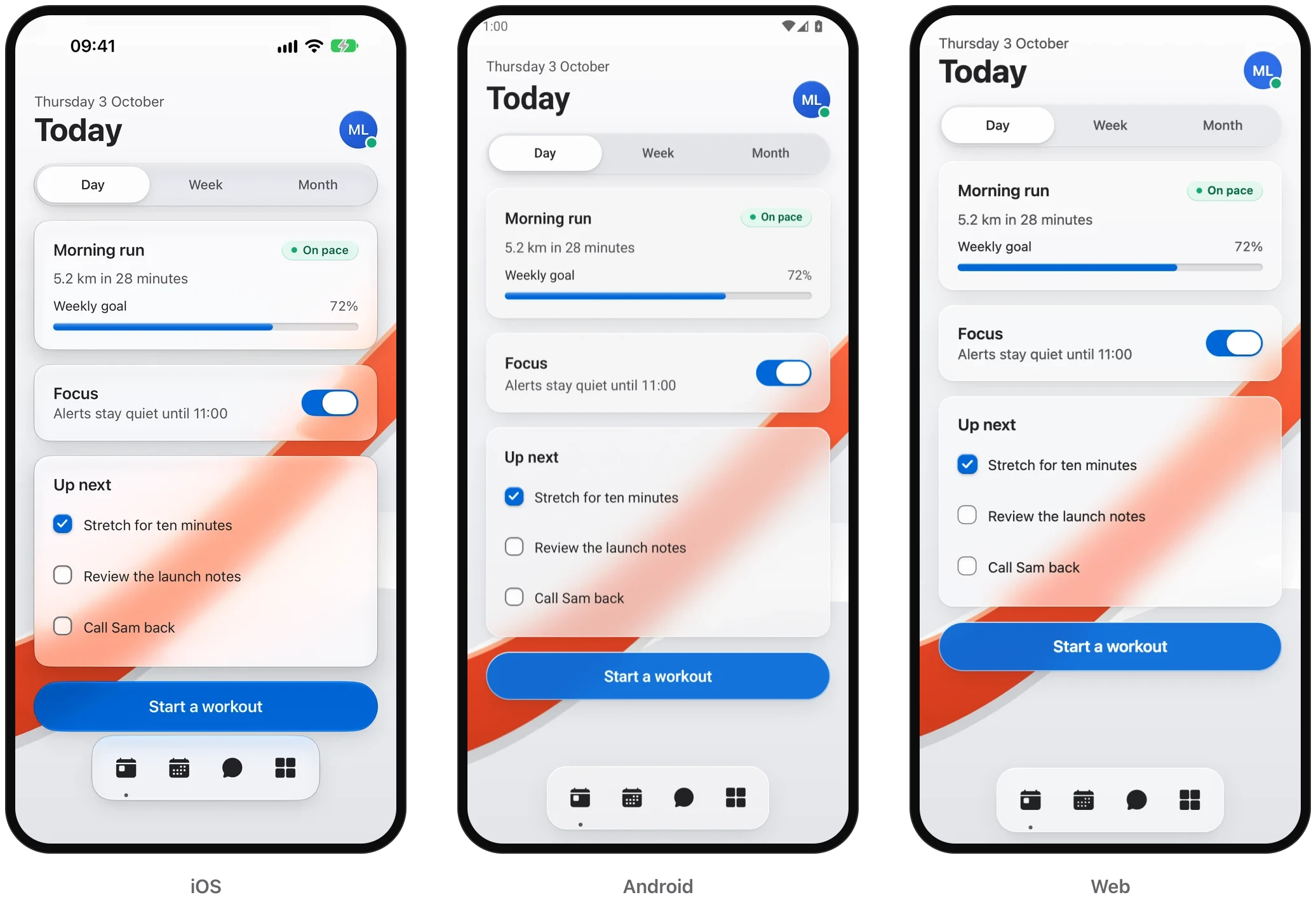 The same Today screen, built from Glassy UI's React Native components, on iOS, Android and the web