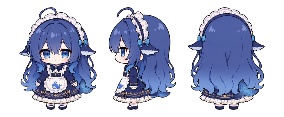 Three views of the whale pet