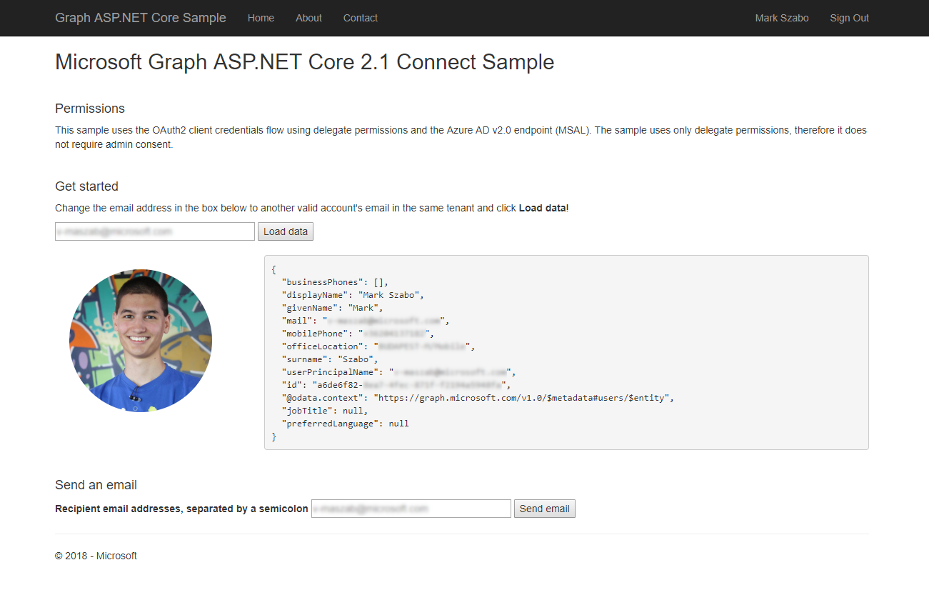 Microsoft Graph Connect Sample for ASP.NET Core 2.1 screenshot
