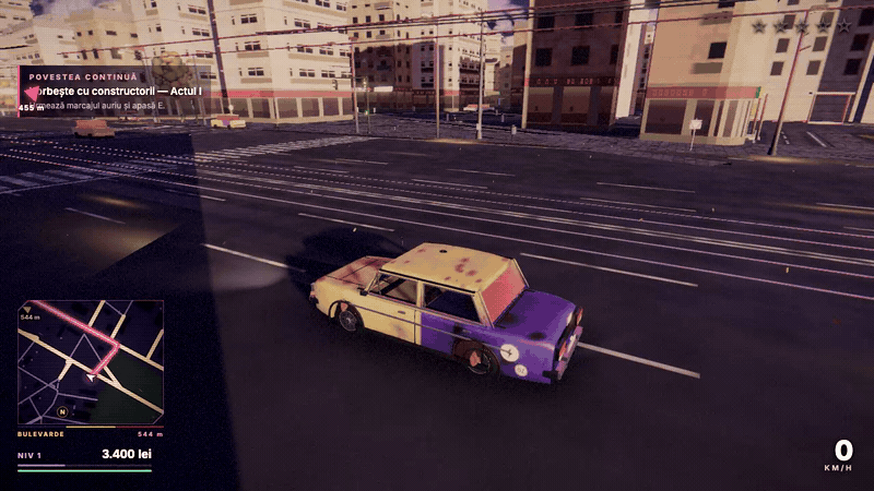 Gameplay: the hero Dacia 1300 driving and handbrake-sliding through a Bucharest junction at sunset