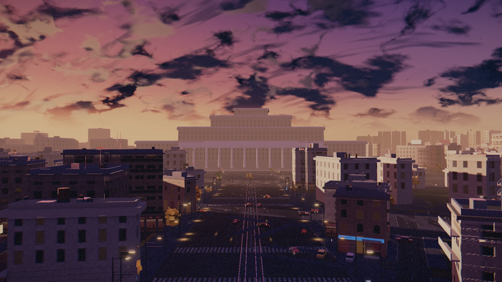 A sunset view down the Bucharest boulevard toward the Palace of Parliament