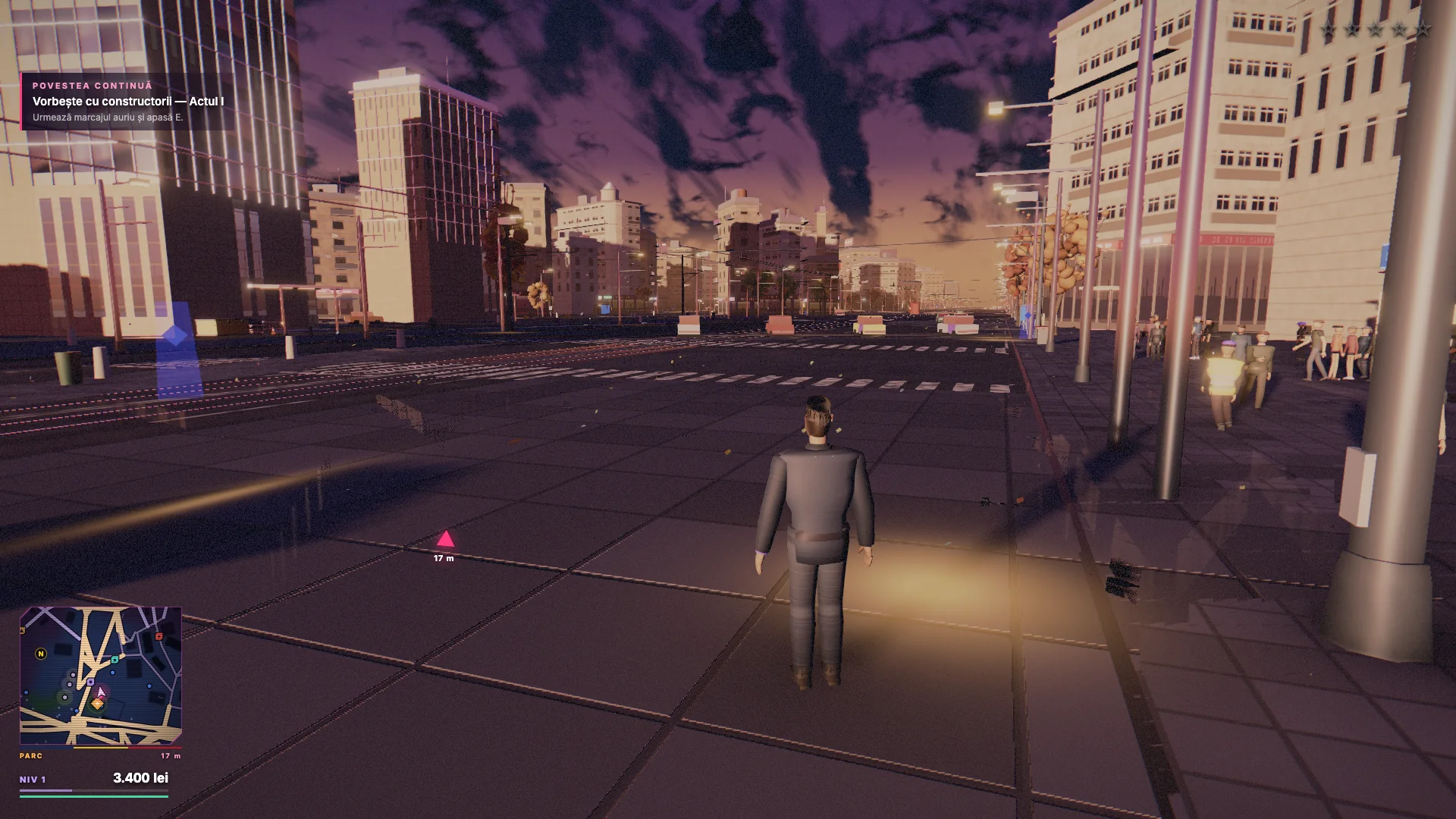 On-foot gameplay on a crowded Bucharest boulevard at sunset