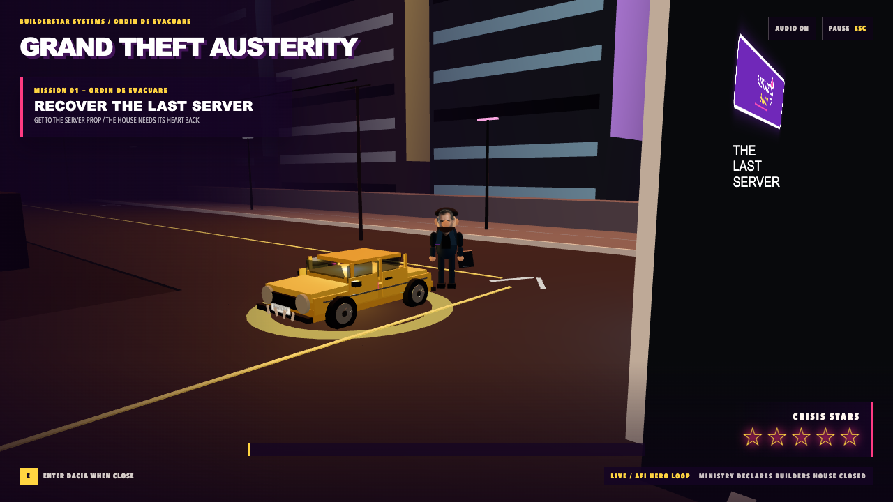 Gameplay: Ilie stands beside the Dacia outside Builders House in a low-angle view