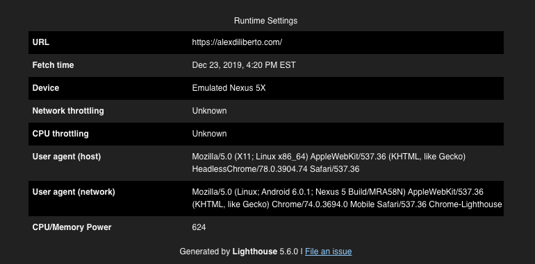 alexdiliberto.com lighthouse runtime settings