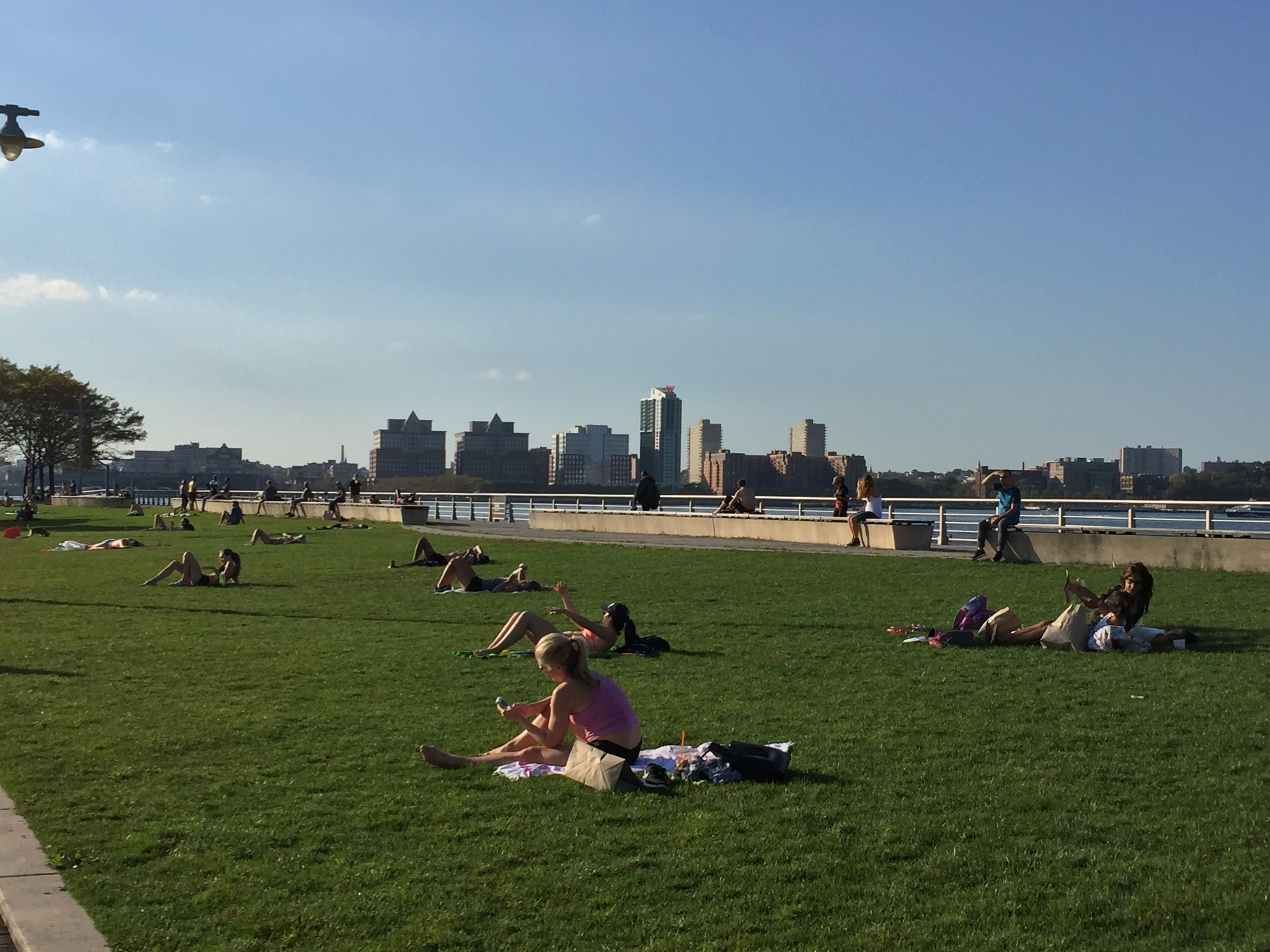 Sunbathers at the park at the pier