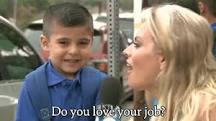 Gif - Reporter asks kid if he loves his job and he thinks about it, then cries.