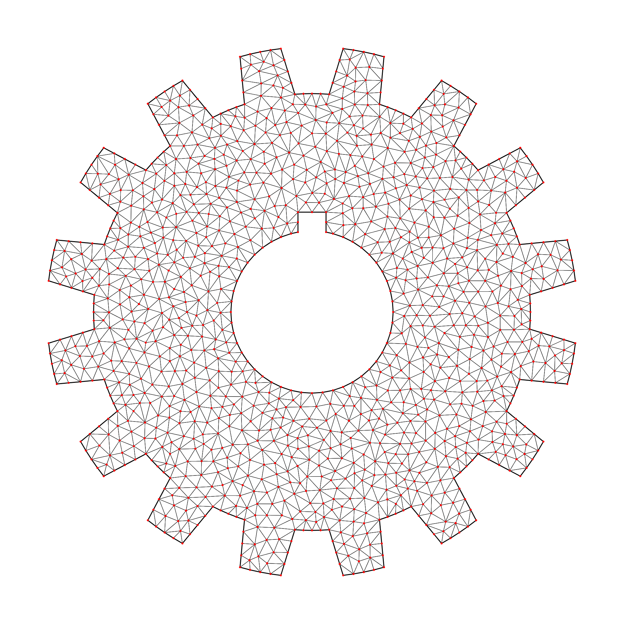 a gear with a keyed bore, triangulated and refined to a 28° minimum angle