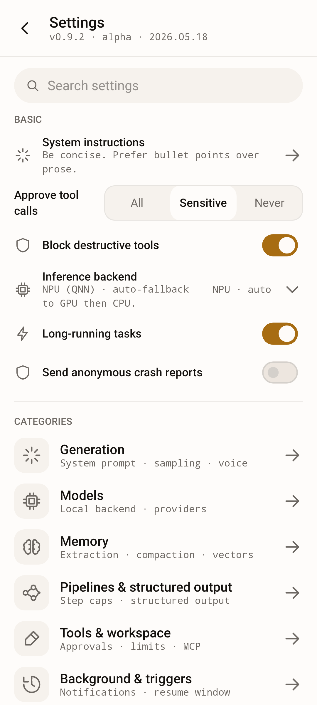 Settings — searchable hub with Basic controls and eight categories