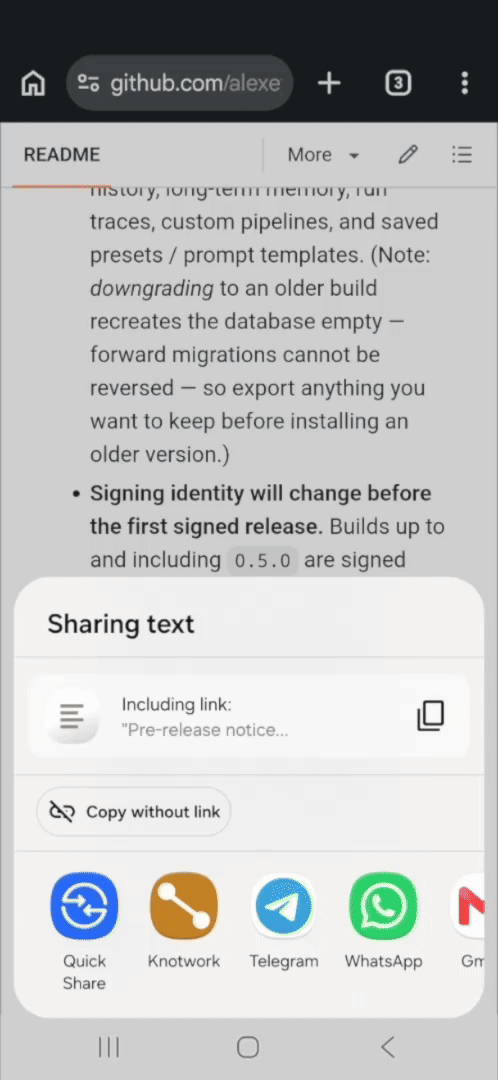 Sharing a page into Knotwork: the Share Handler pipeline runs on-device and captures it to the workspace inbox