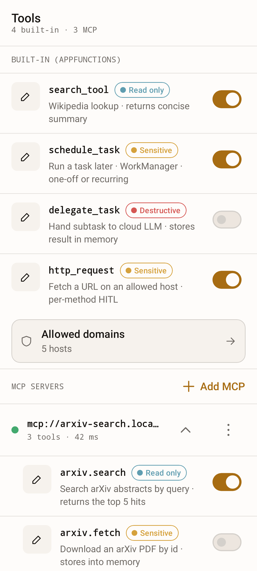 Tools — built-in AppFunctions and expanded MCP server