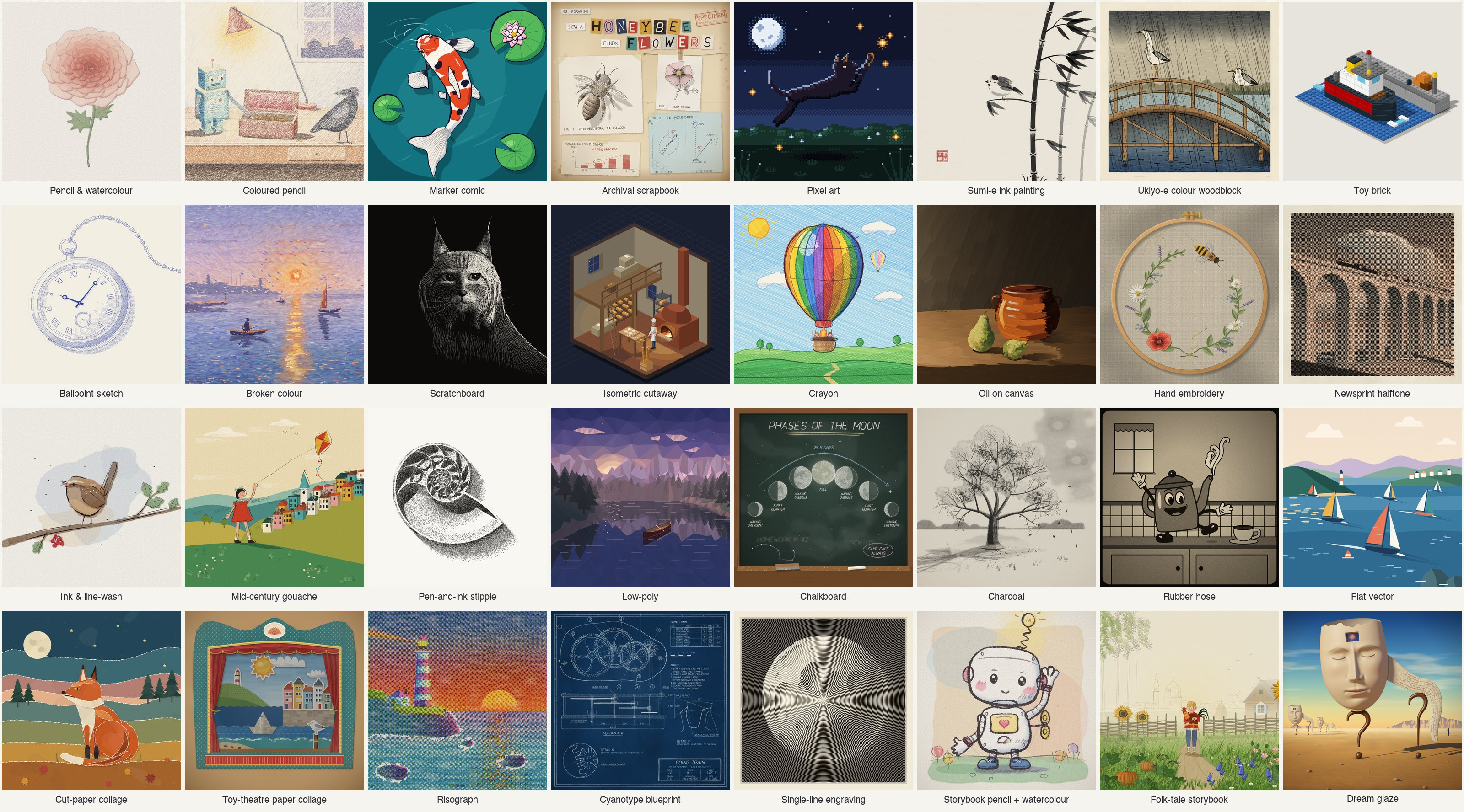32 illustrations, each in its own style, from pencil and watercolour, marker comic and risograph to pixel art, toy brick, woodcut, sumi-e, scratchboard, embroidery, painted oil and a folk-tale storybook