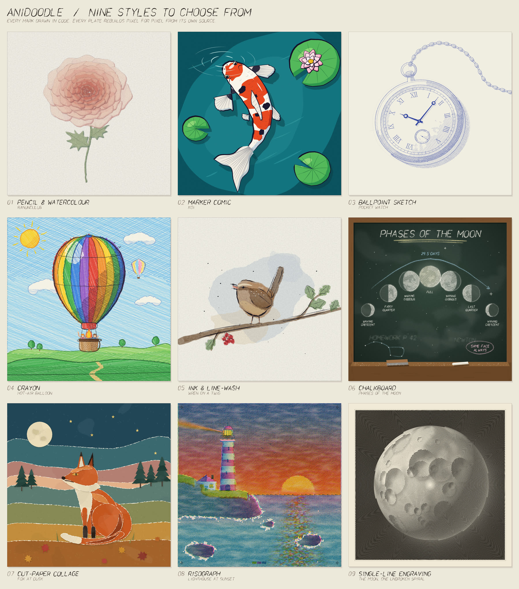 Nine illustrations, each in its own style: pencil and watercolour ranunculus, marker comic koi, ballpoint pocket watch, crayon hot-air balloon, ink and line-wash wren, chalkboard moon phases, cut-paper fox, risograph lighthouse, and a single-line engraved moon