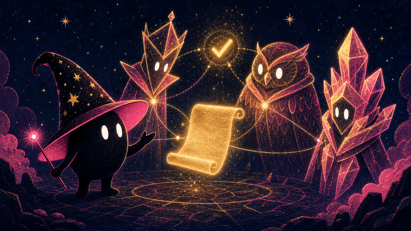 The sorcerer presenting work to a council of glowing advisor models that confer and reach consensus