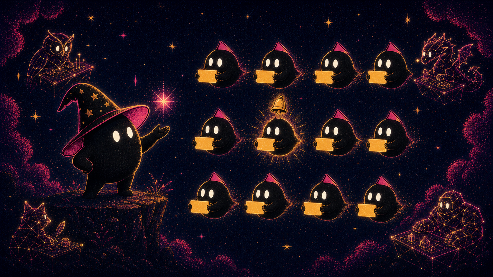 The little wizard reviewing rows of his hat-tipped helper sprites, each holding a glowing gold name-card, one topped with a gold bell because it is waiting on him, with constellation-creature crew working at desks in the corners