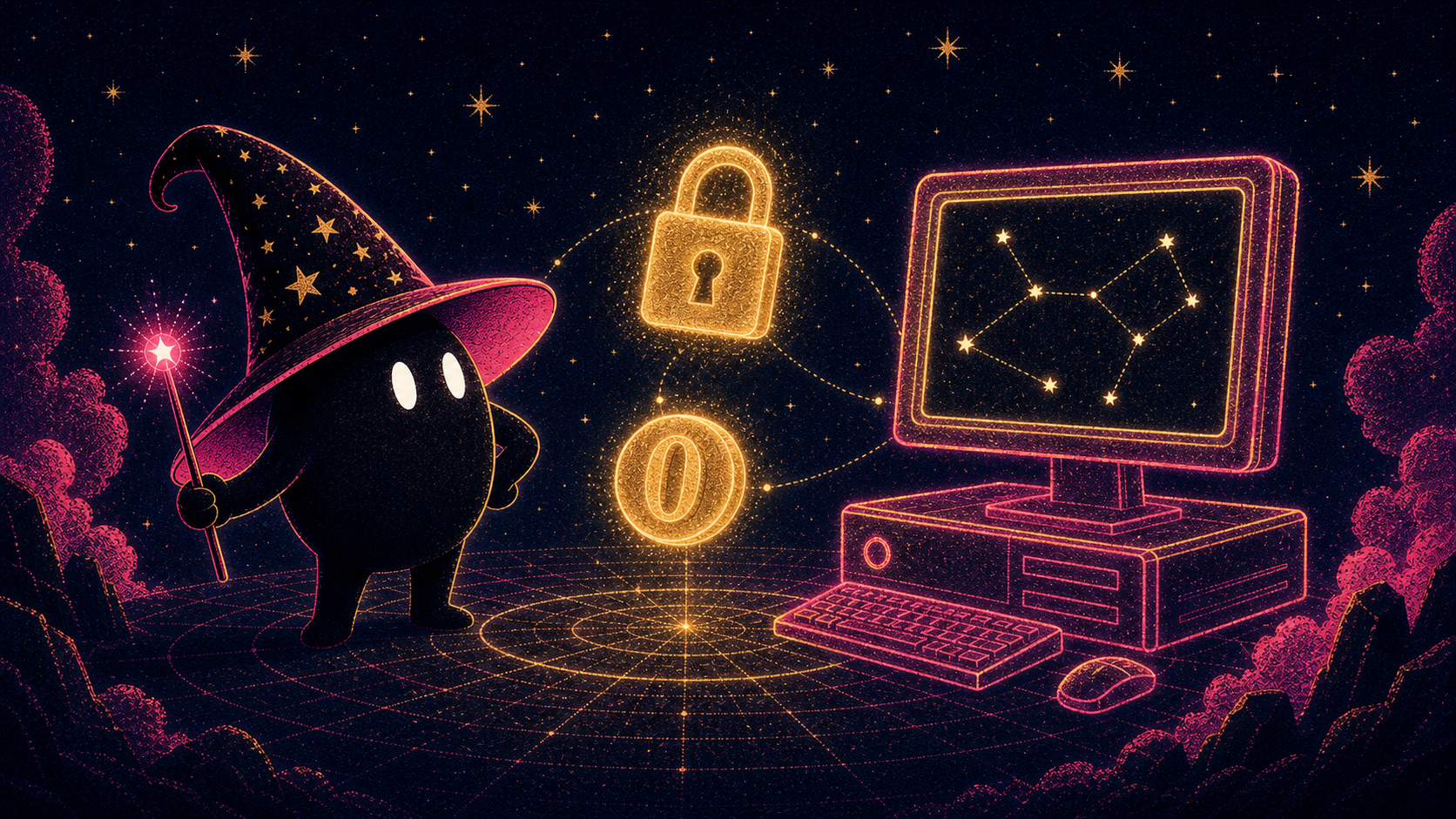 The ink-drop sorcerer beside his own glowing wireframe machine, a gold padlock and a gold zero-coin