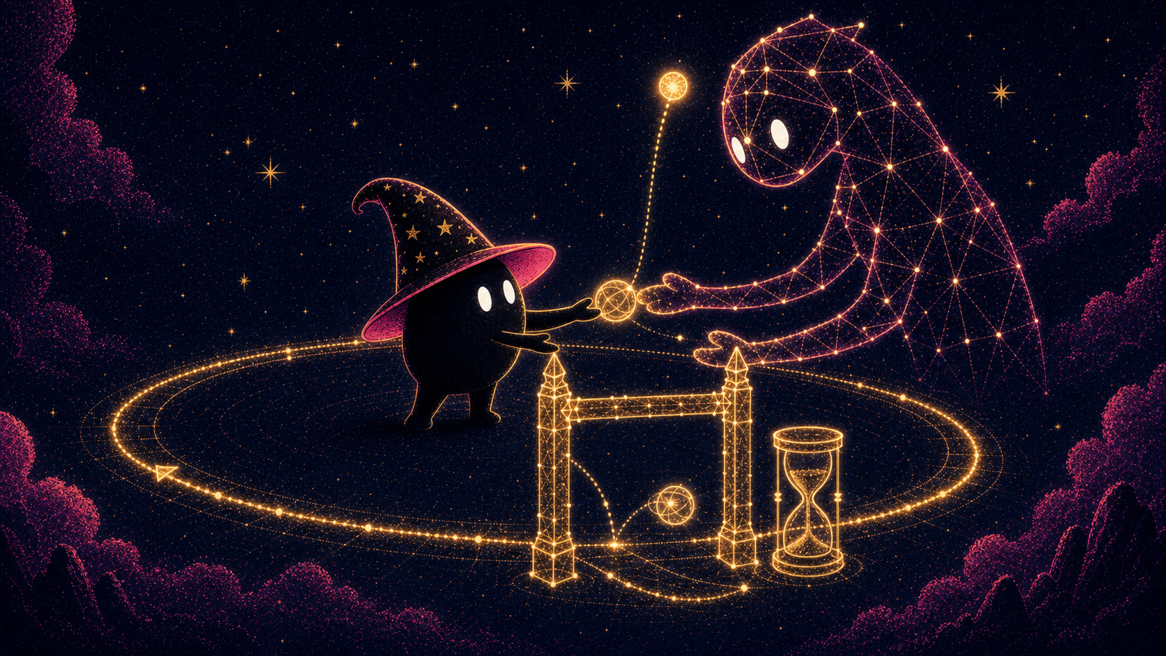 The sorcerer on a glowing ring track, passing a task orb to a constellation creature that hands it back, past a checkpoint gate, an hourglass beside it
