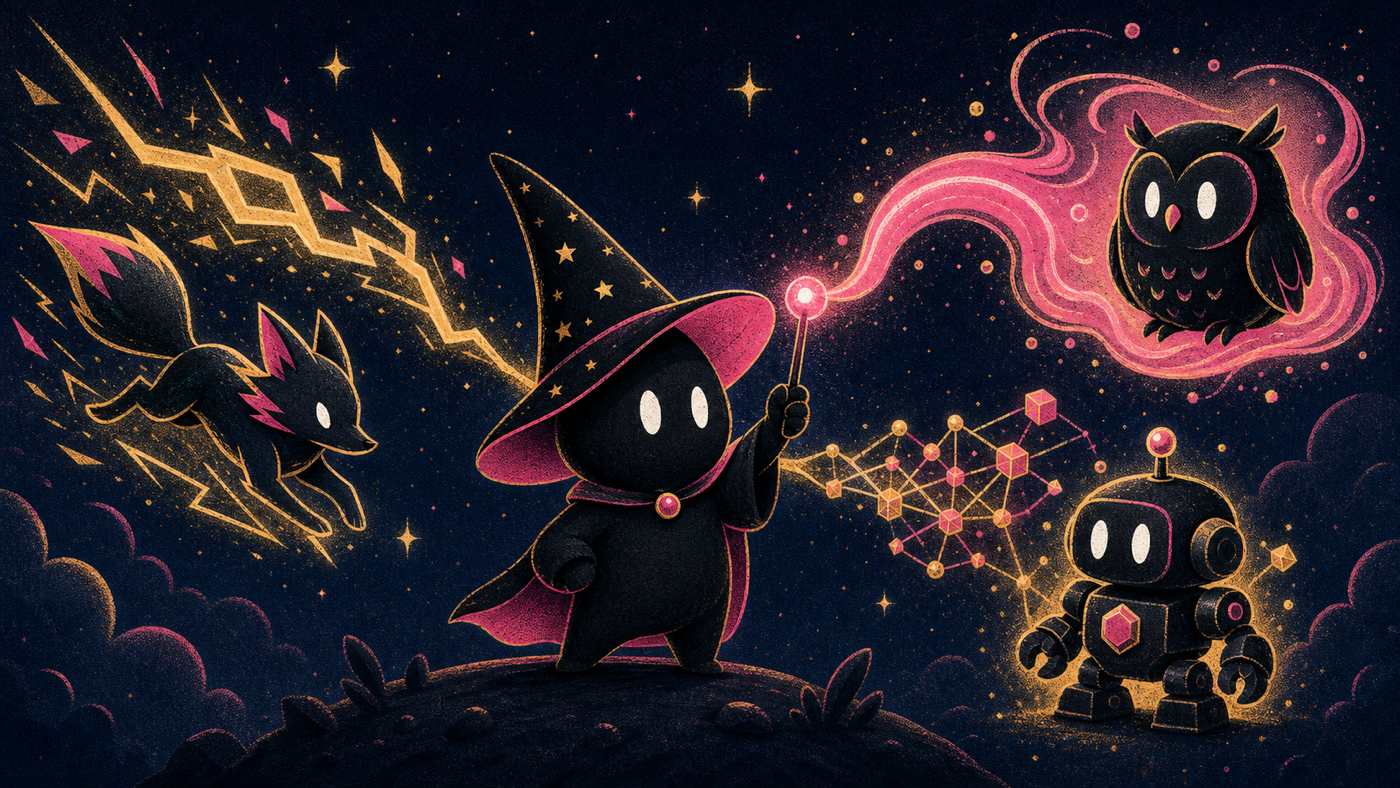 The sorcerer casting a differently-shaped spell at each of three different model-creatures
