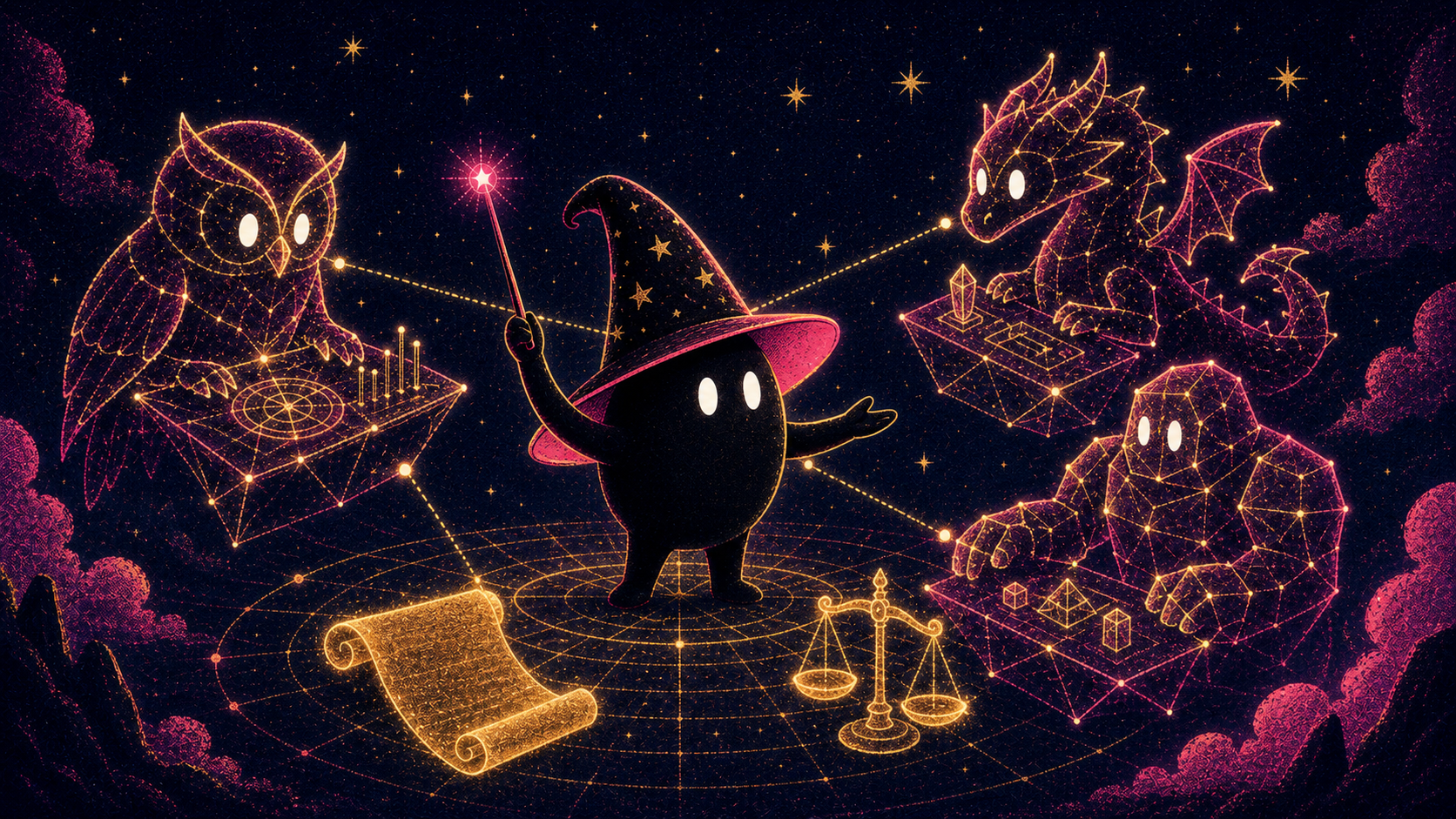 The ink-drop sorcerer as a captain directing a crew of neon constellation creatures on gold connecting lines